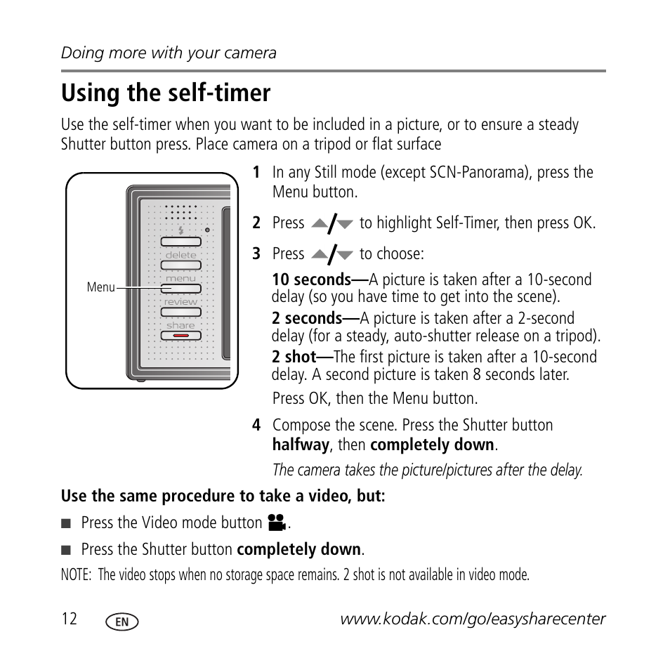 Using the self-timer | Kodak V705 User Manual | Page 12 / 28