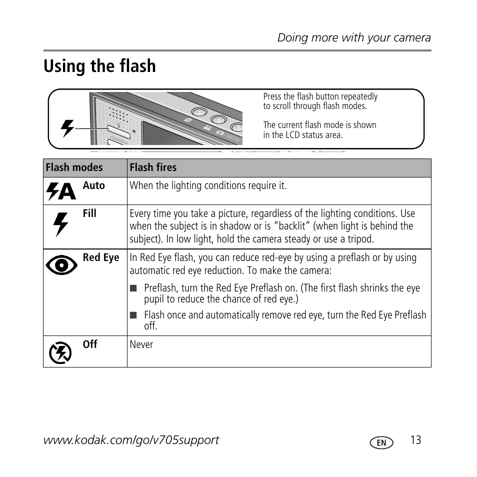 Using the flash | Kodak V705 User Manual | Page 13 / 28