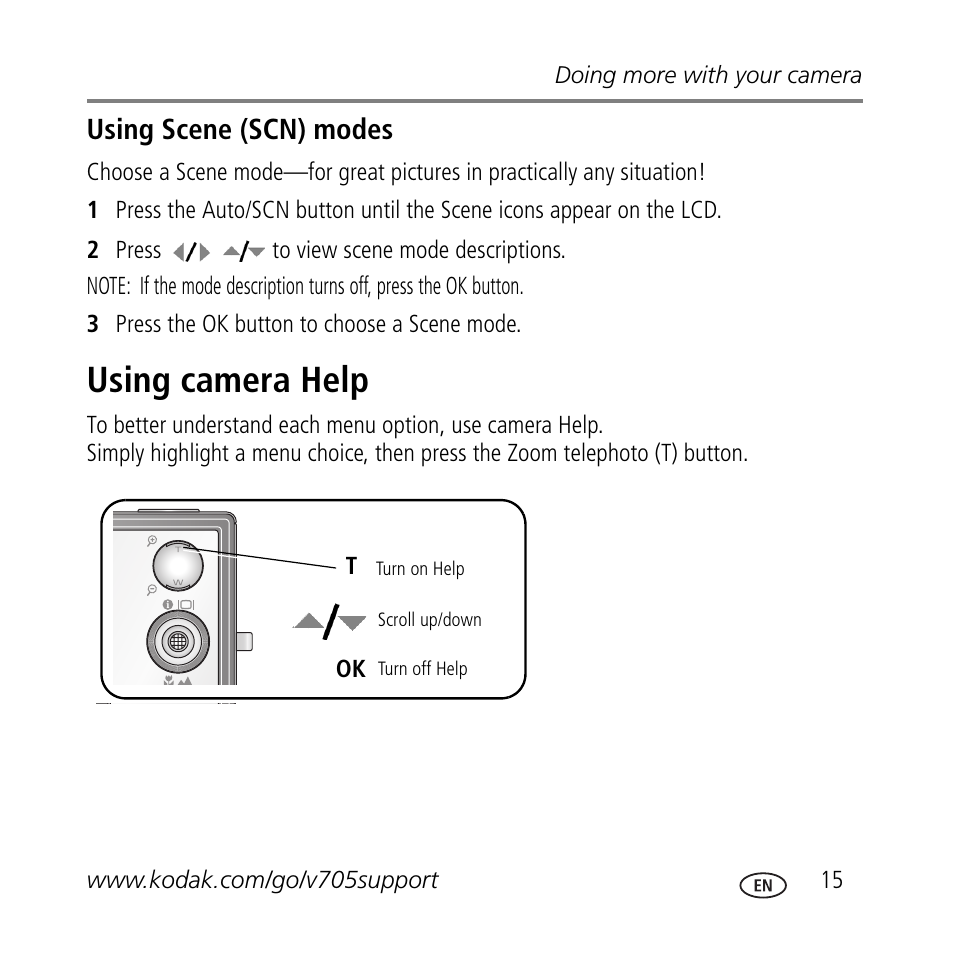 Using camera help, Using scene (scn) modes | Kodak V705 User Manual | Page 15 / 28