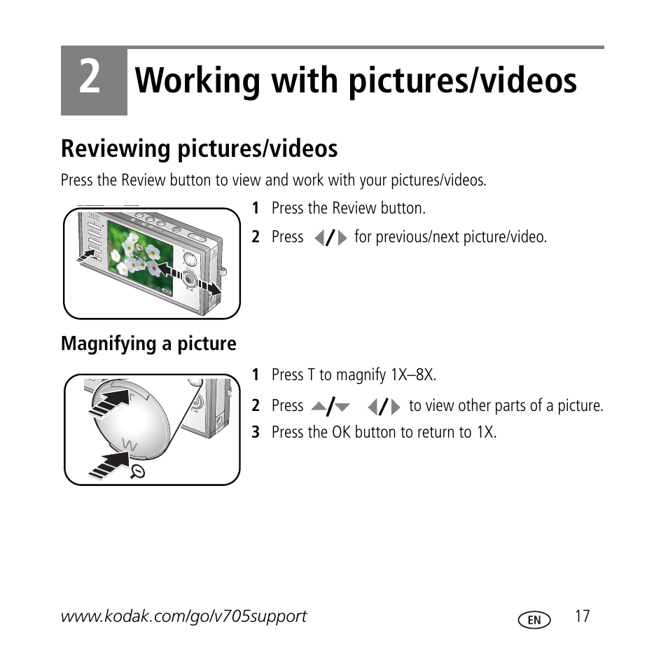 Working with pictures/videos, Reviewing pictures/videos | Kodak V705 User Manual | Page 17 / 28