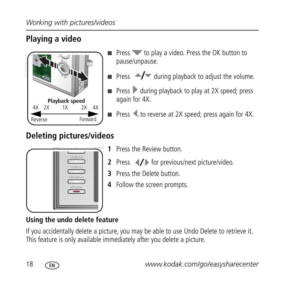 Playing a video, Deleting pictures/videos | Kodak V705 User Manual | Page 18 / 28