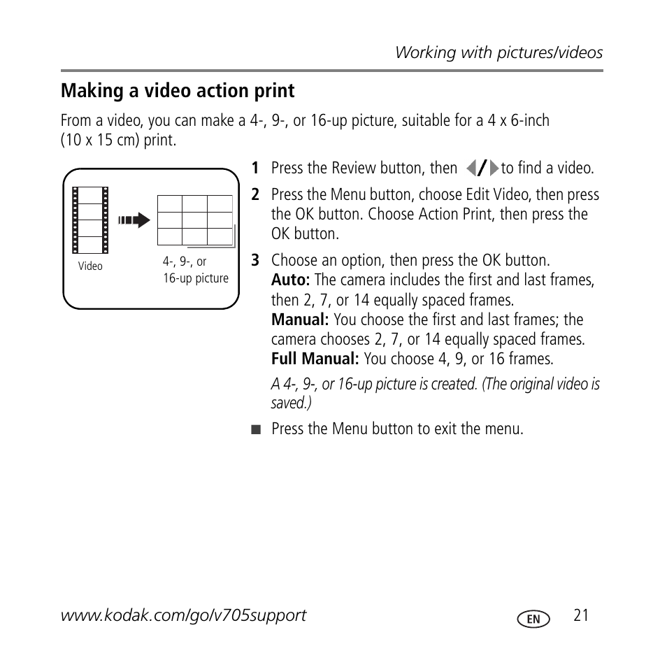 Making a video action print | Kodak V705 User Manual | Page 21 / 28