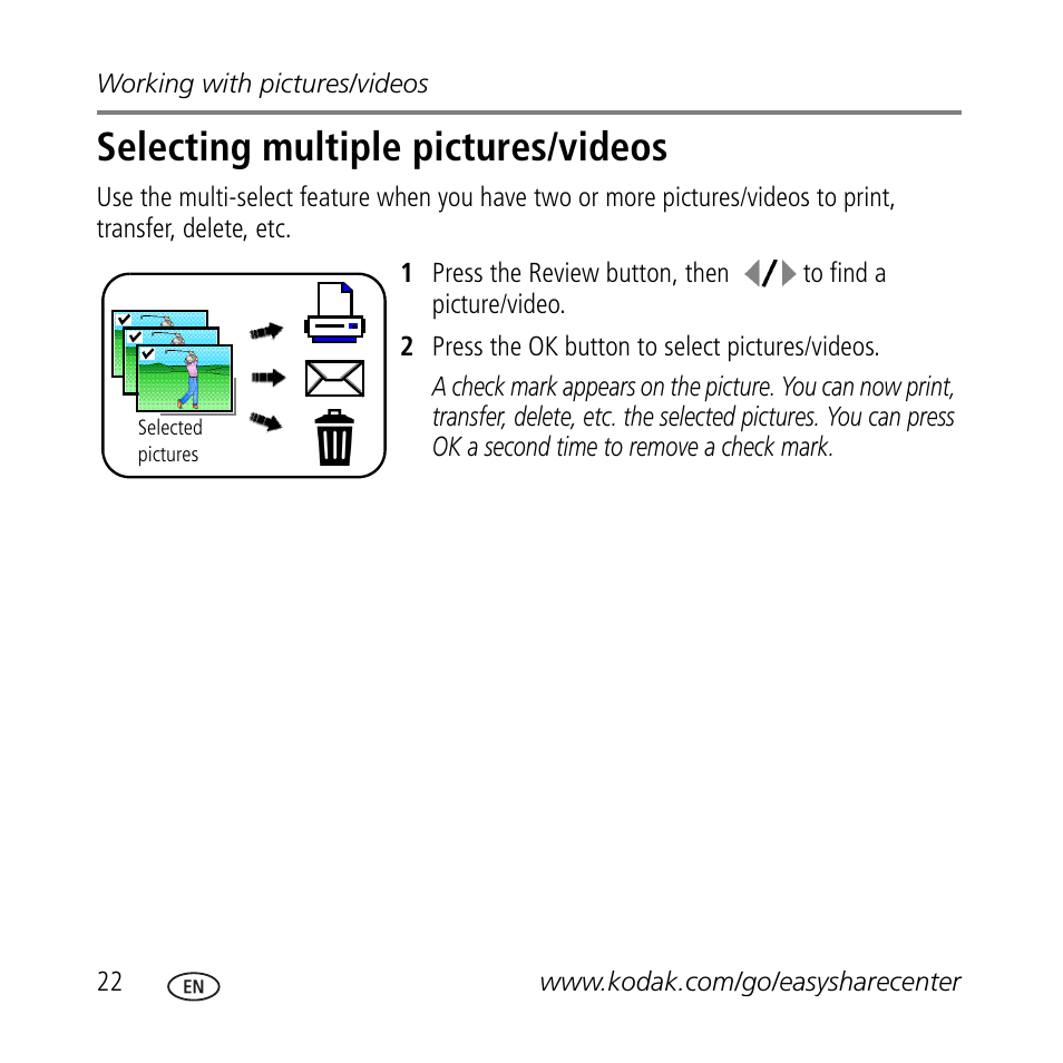 Selecting multiple pictures/videos | Kodak V705 User Manual | Page 22 / 28