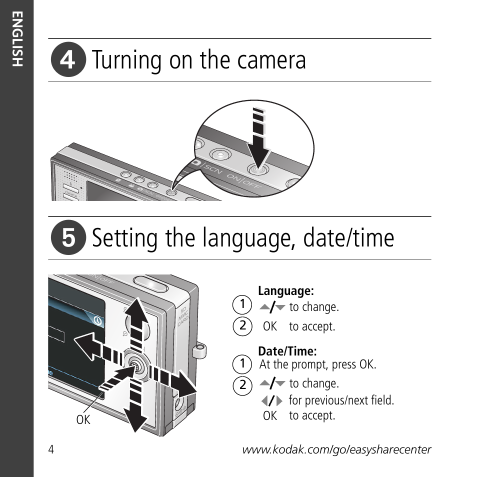 Turning on the camera, Setting the language, date/time | Kodak V705 User Manual | Page 4 / 28