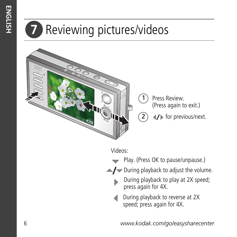 Reviewing pictures/videos | Kodak V705 User Manual | Page 6 / 28