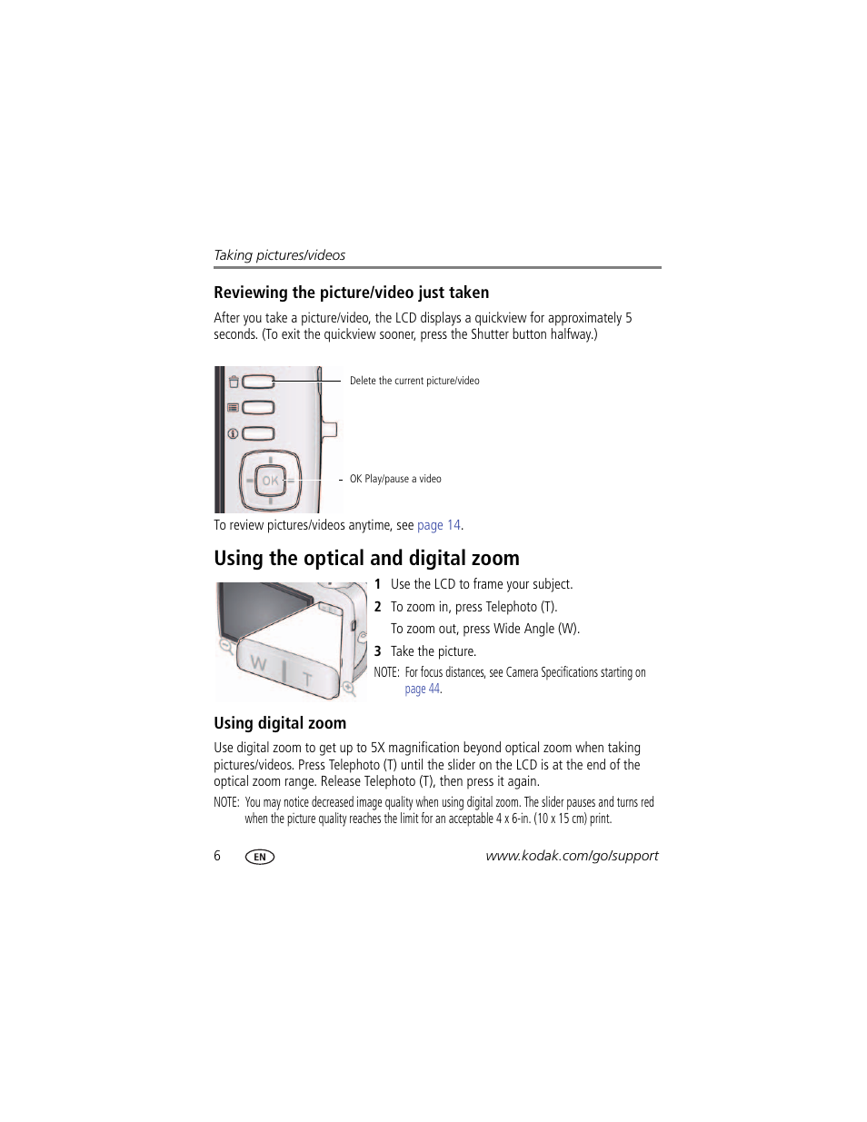 Reviewing the picture/video just taken, Using the optical and digital zoom, Using digital zoom | Kodak C182 User Manual | Page 12 / 64