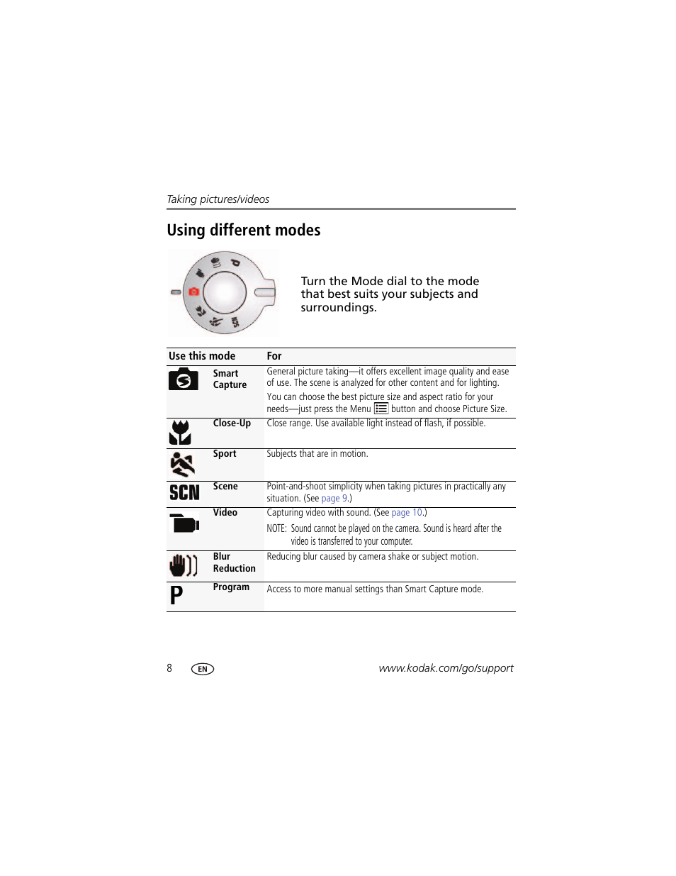 Using different modes | Kodak C182 User Manual | Page 14 / 64