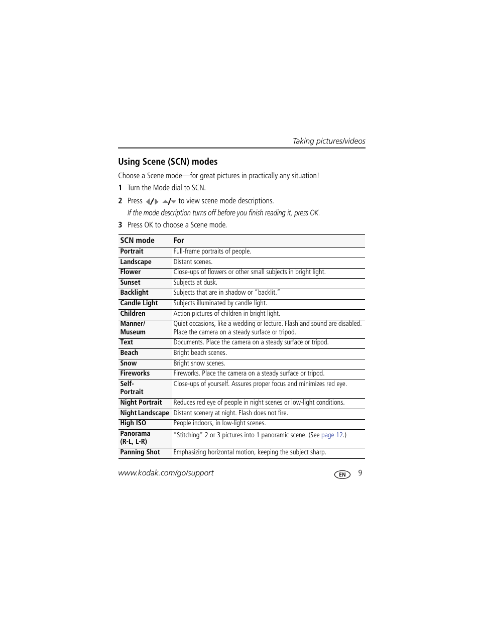 Using scene (scn) modes | Kodak C182 User Manual | Page 15 / 64