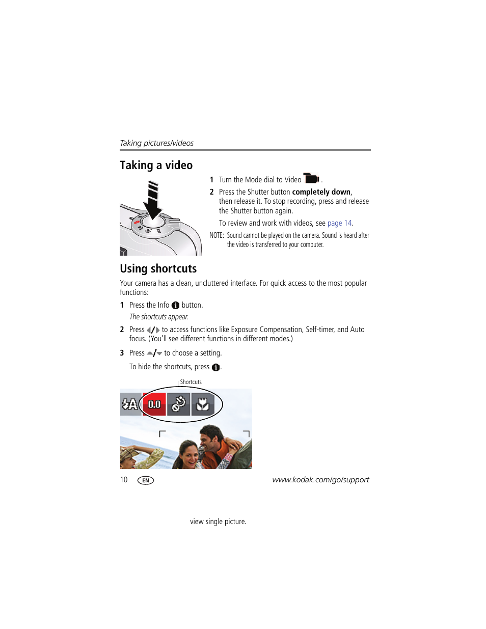 Taking a video, Using shortcuts, Taking a video using shortcuts | Kodak C182 User Manual | Page 16 / 64