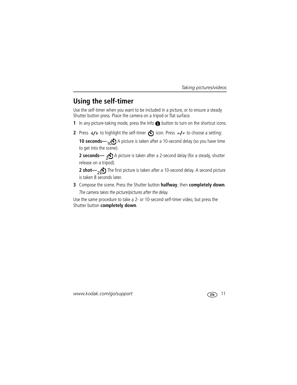 Using the self-timer | Kodak C182 User Manual | Page 17 / 64