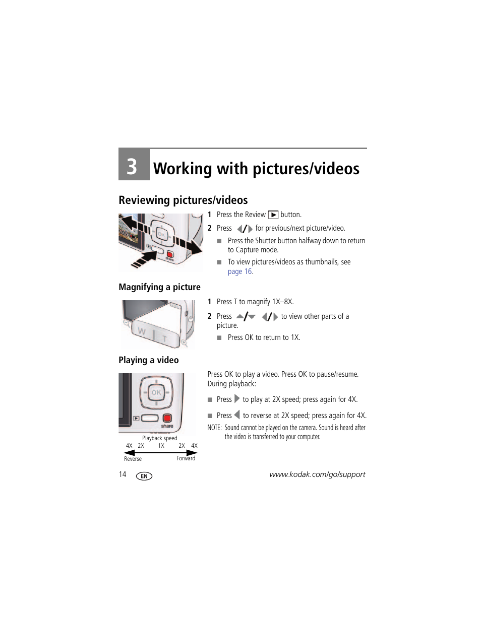 Working with pictures/videos, Reviewing pictures/videos, Magnifying a picture | Playing a video, 3 working with pictures/videos | Kodak C182 User Manual | Page 20 / 64