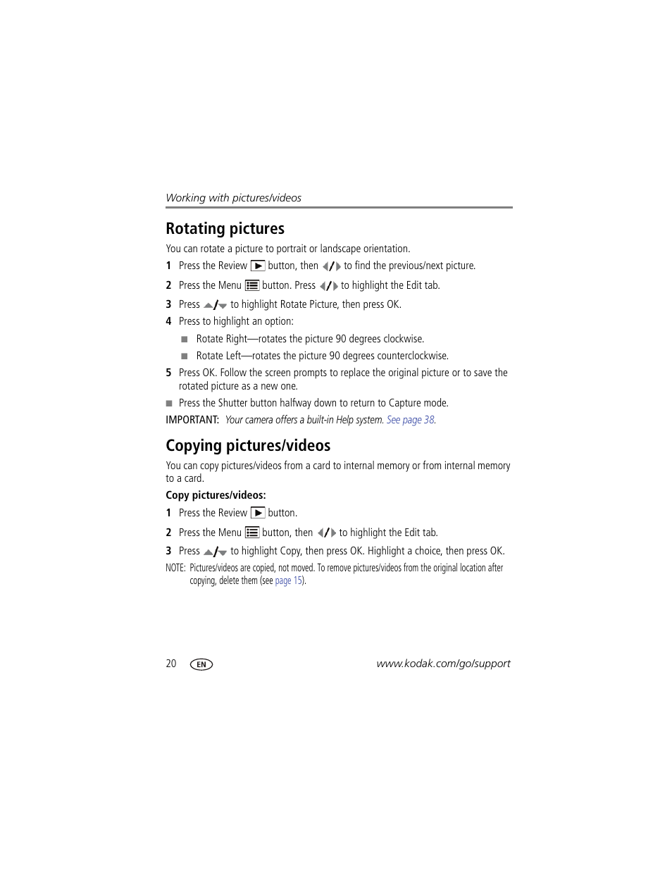 Rotating pictures, Copying pictures/videos, Rotating pictures copying pictures/videos | Kodak C182 User Manual | Page 26 / 64