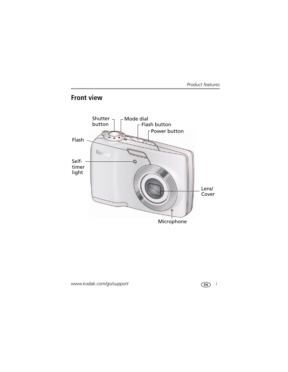 Product features, Front view | Kodak C182 User Manual | Page 3 / 64