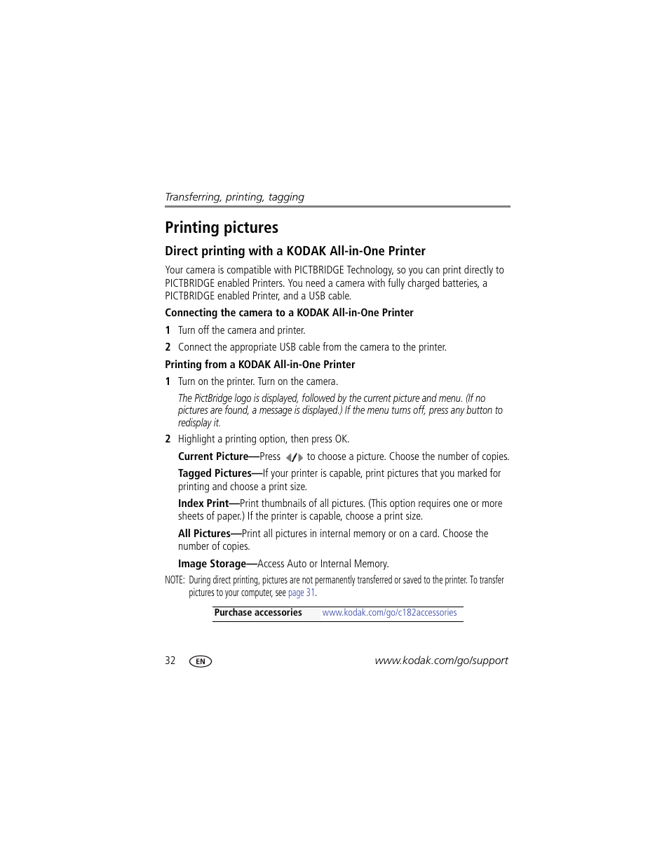Printing pictures, Direct printing with a kodak all-in-one printer, Printing from a kodak all-in-one printer | Kodak C182 User Manual | Page 38 / 64