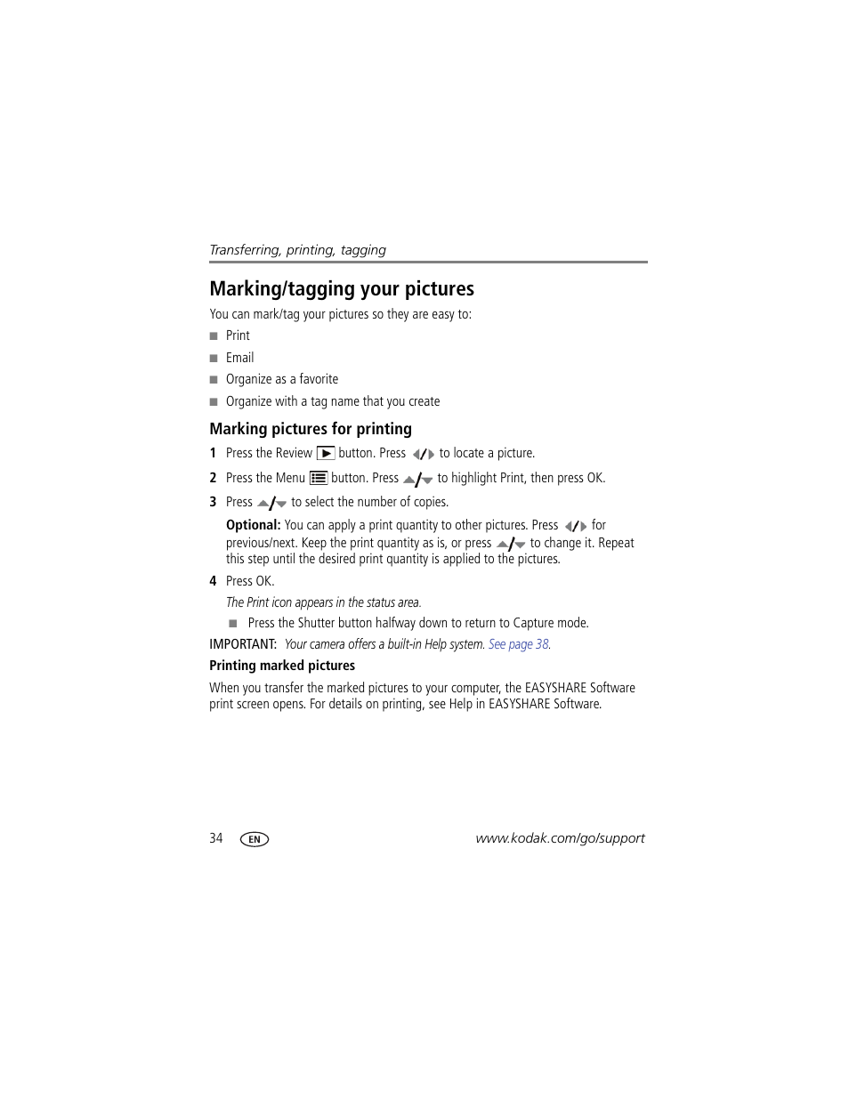 Marking/tagging your pictures, Marking pictures for printing, Printing marked pictures | Kodak C182 User Manual | Page 40 / 64