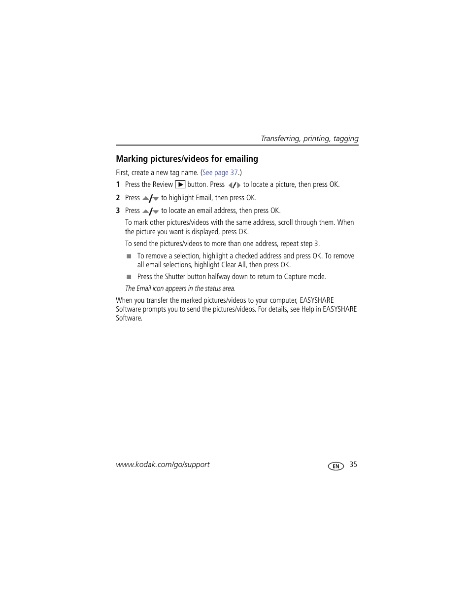 Marking pictures/videos for emailing | Kodak C182 User Manual | Page 41 / 64