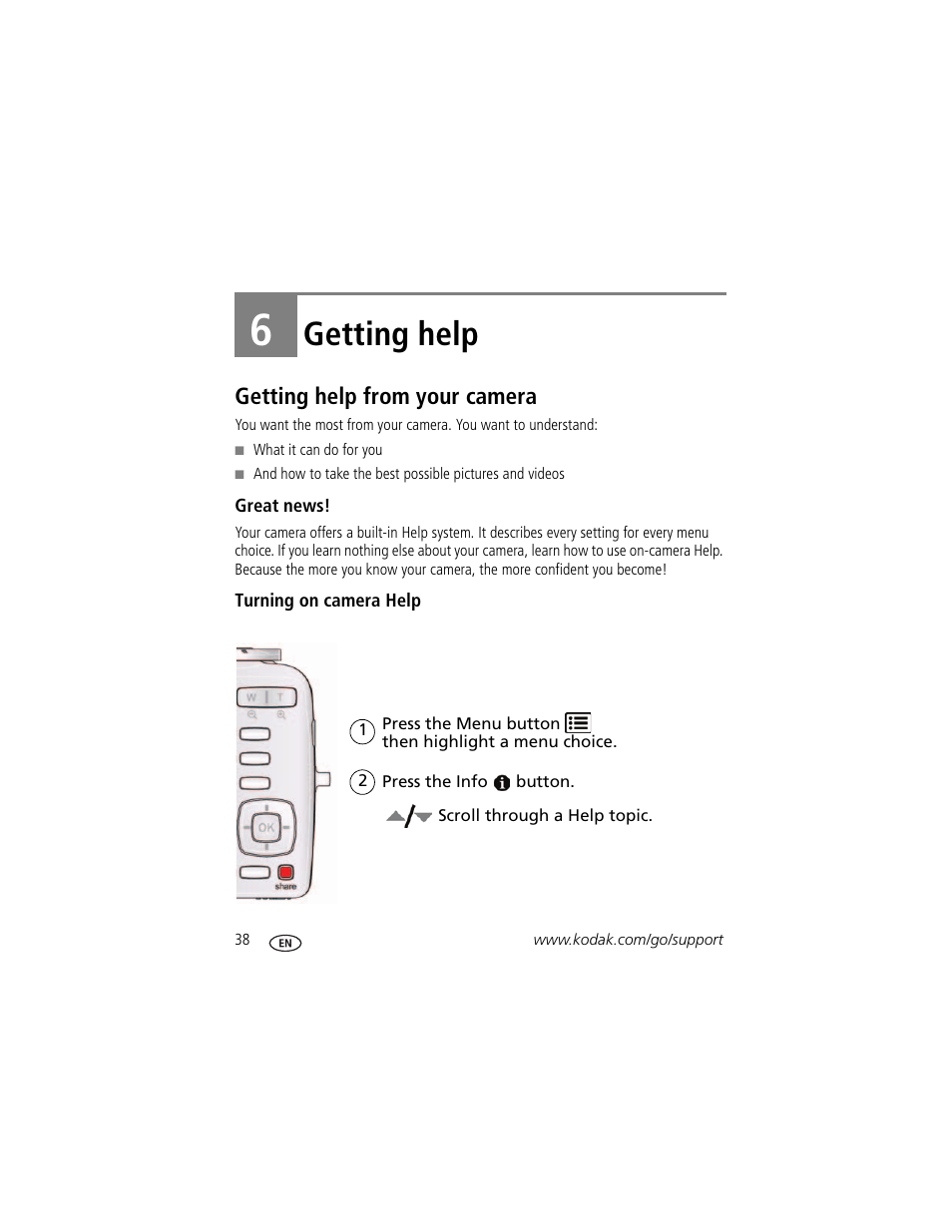 Getting help, Getting help from your camera, Great news | Turning on camera help, 6 getting help, Stem | Kodak C182 User Manual | Page 44 / 64