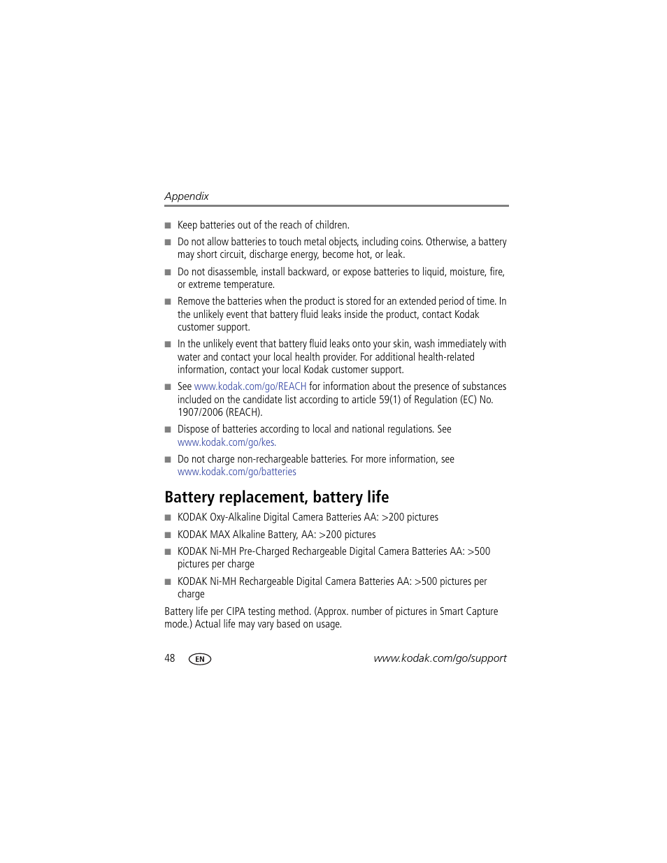 Battery replacement, battery life | Kodak C182 User Manual | Page 54 / 64