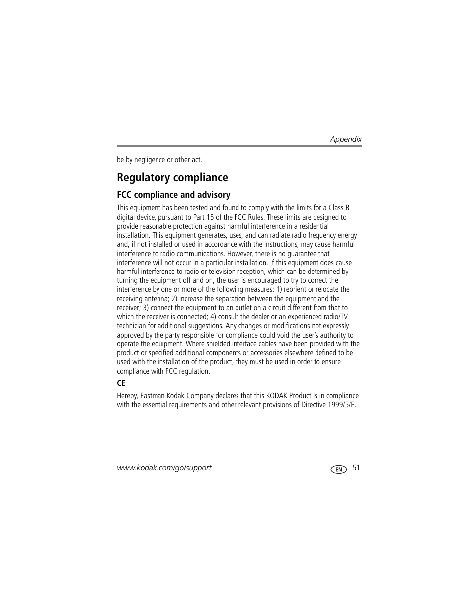 Regulatory compliance, Fcc compliance and advisory | Kodak C182 User Manual | Page 57 / 64