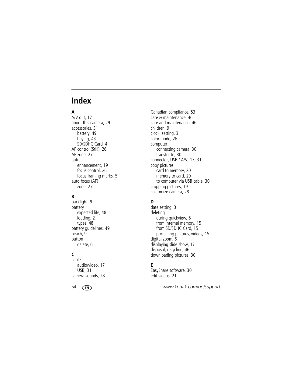 Index | Kodak C182 User Manual | Page 60 / 64