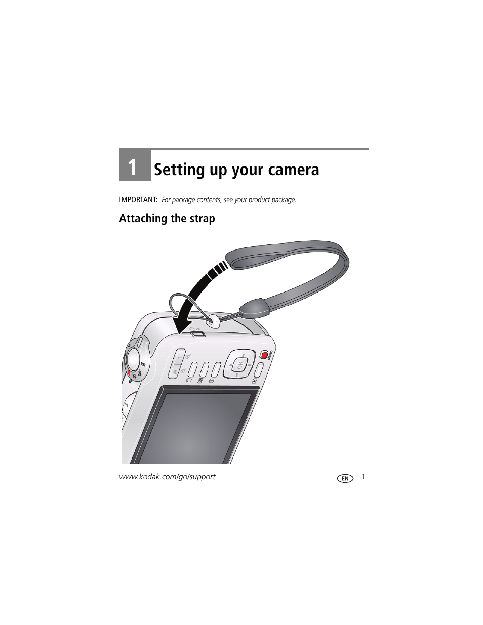 Setting up your camera, Attaching the strap, 1 setting up your camera | Kodak C182 User Manual | Page 7 / 64