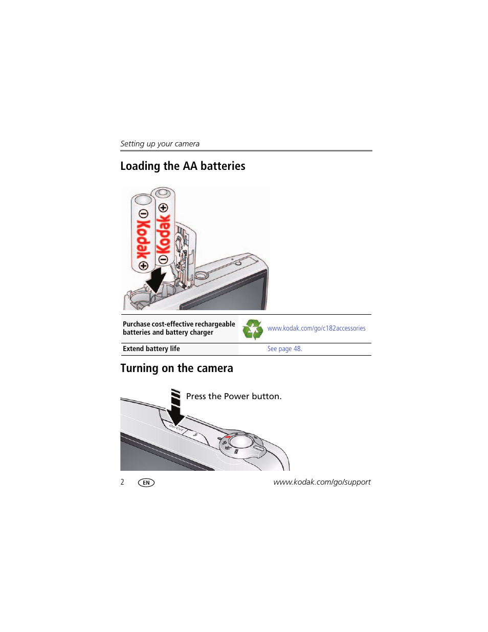 Loading the aa batteries, Turning on the camera, Loading the aa batteries turning on the camera | Kodak C182 User Manual | Page 8 / 64