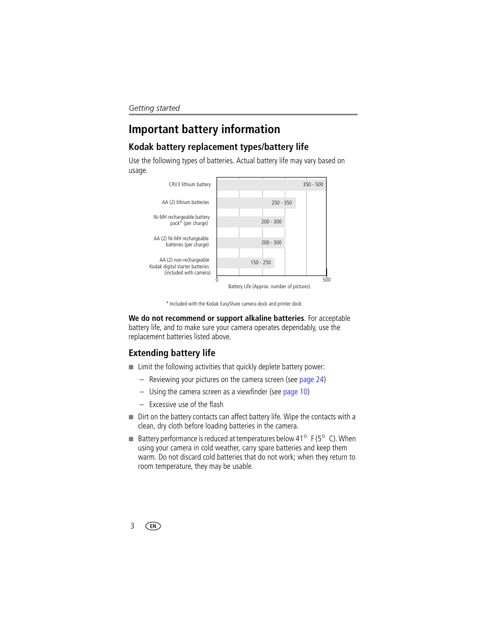 Important battery information, Kodak battery replacement types/battery life, Extending battery life | Kodak battery replacement types/battery, Life | Kodak CX7430 User Manual | Page 10 / 66