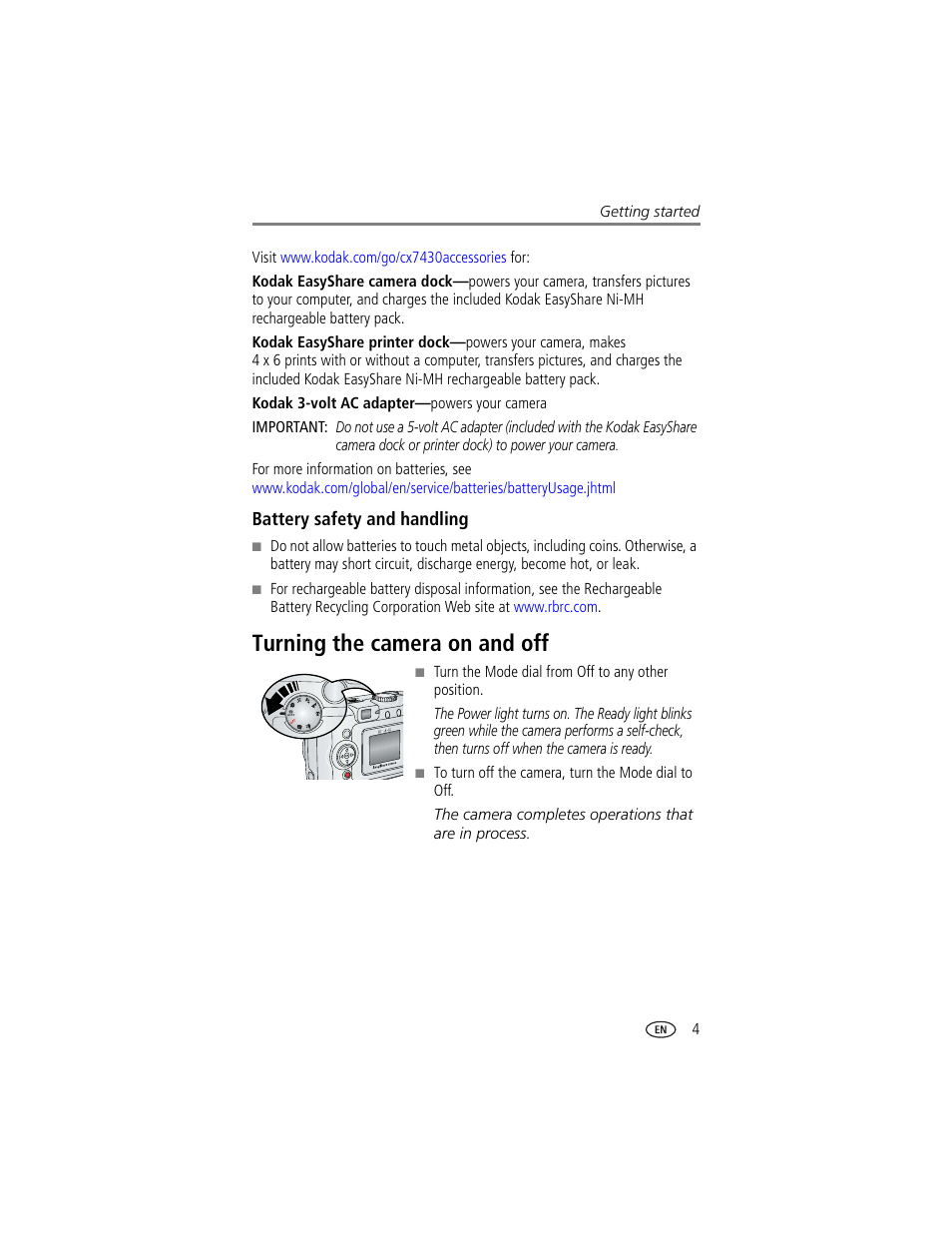 Battery safety and handling, Turning the camera on and off | Kodak CX7430 User Manual | Page 11 / 66