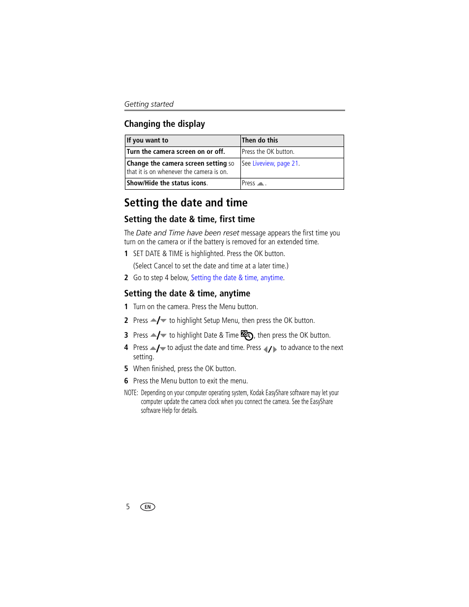 Changing the display, Setting the date and time, Setting the date & time, first time | Setting the date & time, anytime | Kodak CX7430 User Manual | Page 12 / 66