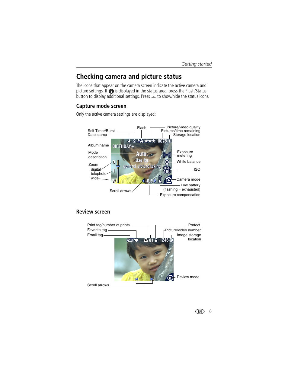 Checking camera and picture status, Capture mode screen, Review screen | Kodak CX7430 User Manual | Page 13 / 66