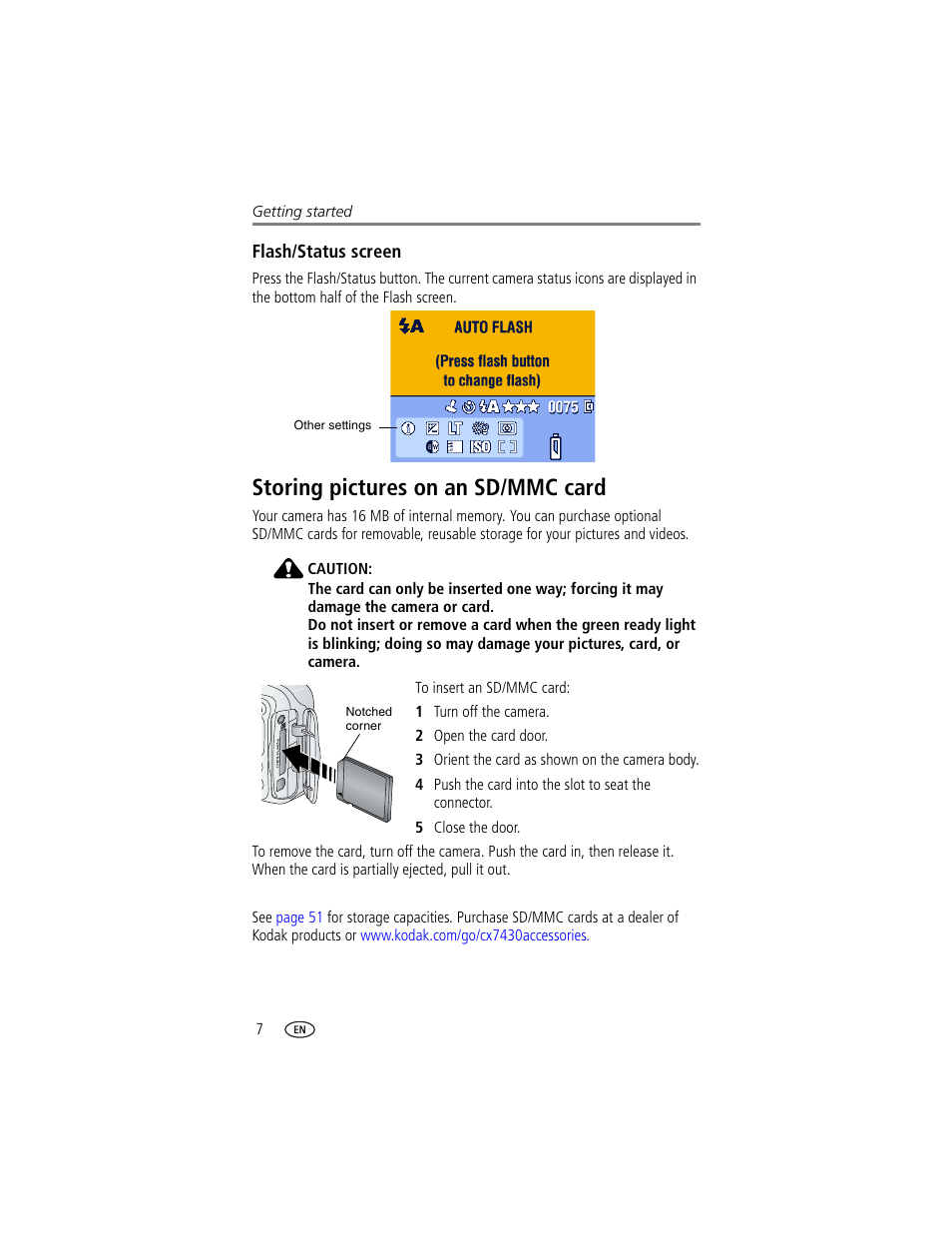 Flash/status screen, Storing pictures on an sd/mmc card | Kodak CX7430 User Manual | Page 14 / 66