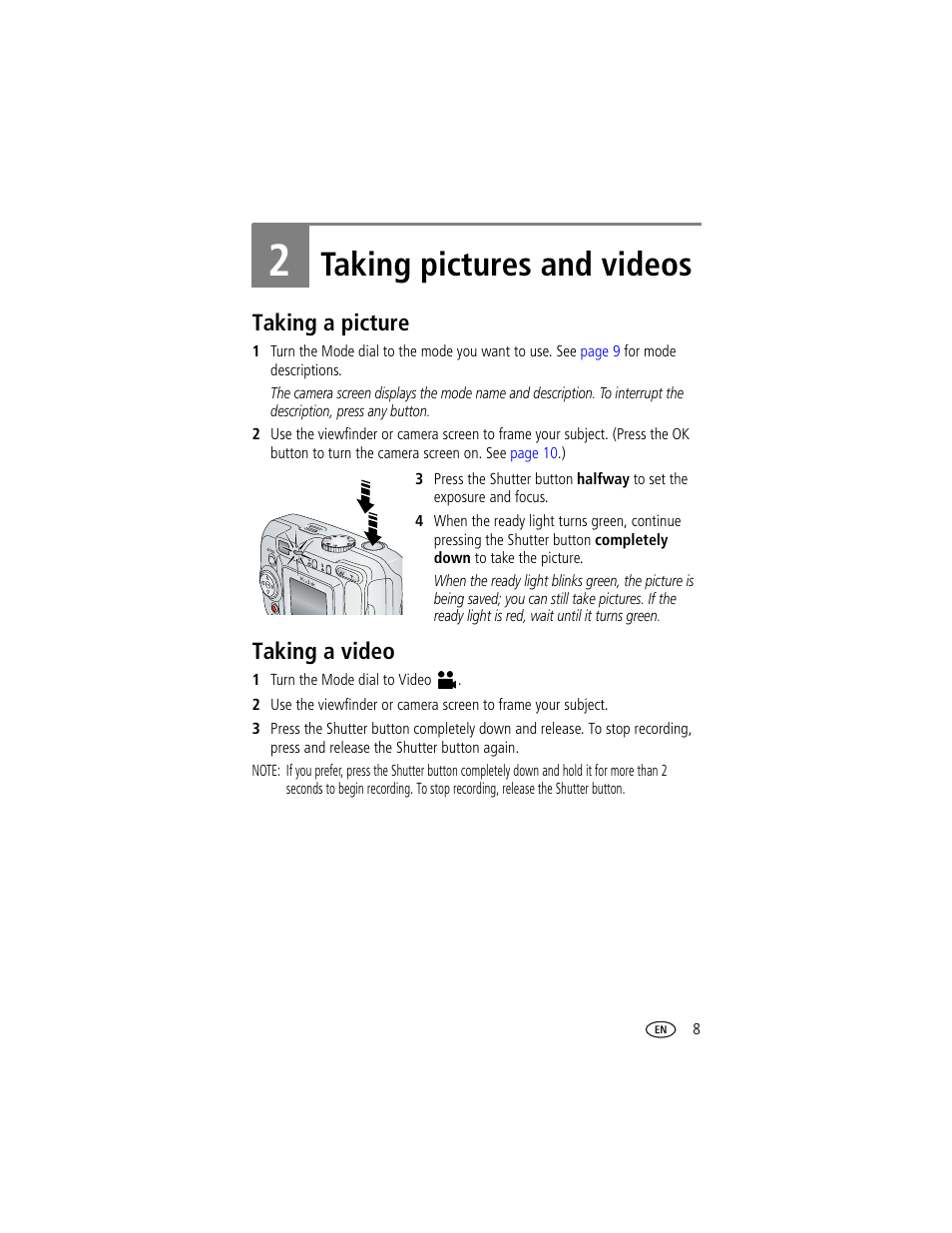 Taking pictures and videos, Taking a picture, Taking a video | 2 taking pictures and videos, Taking a picture taking a video | Kodak CX7430 User Manual | Page 15 / 66