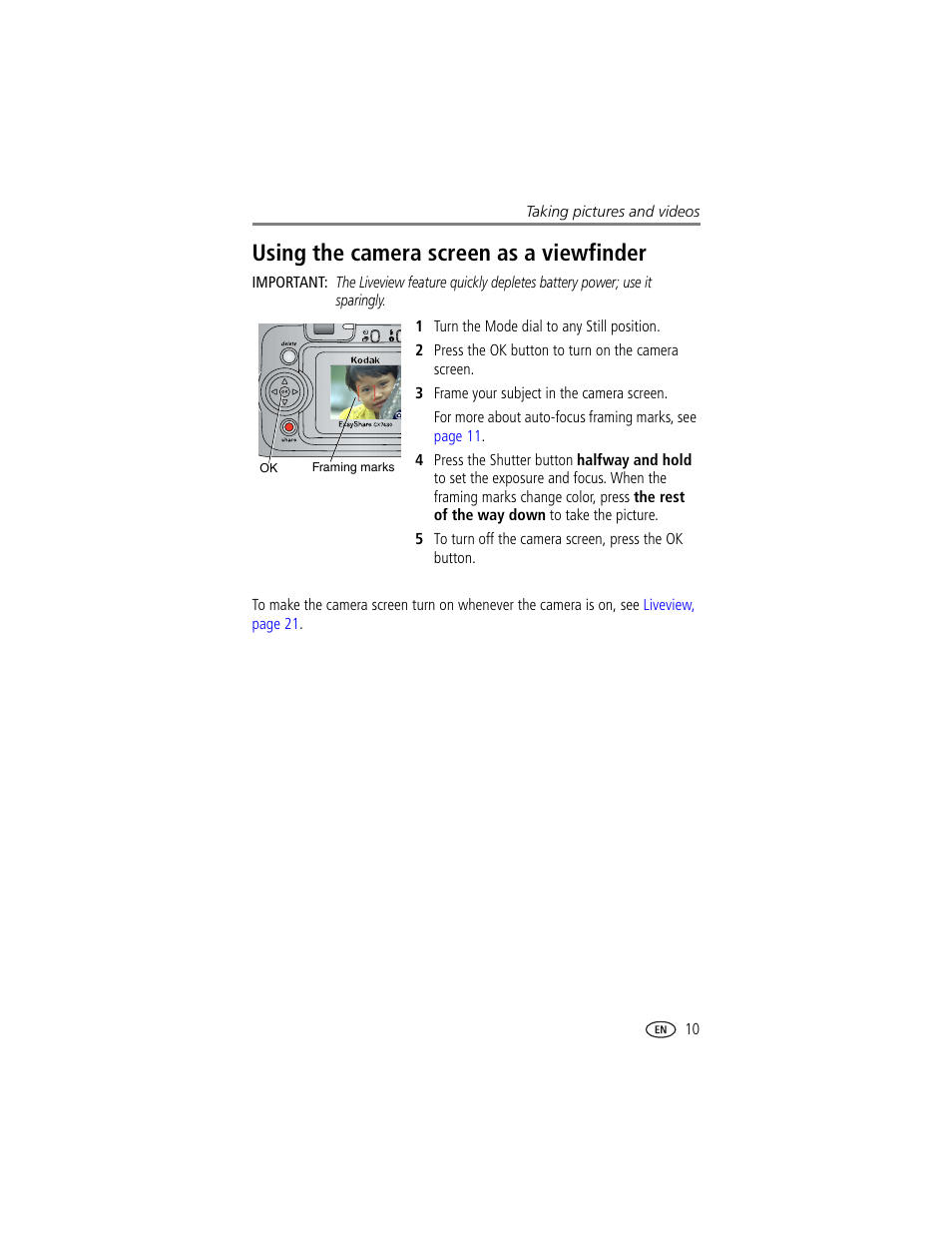 Using the camera screen as a viewfinder | Kodak CX7430 User Manual | Page 17 / 66