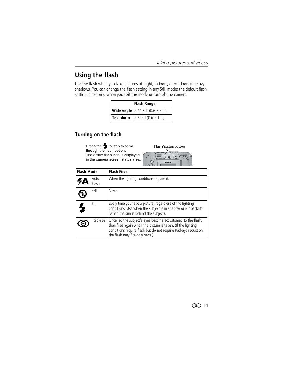 Using the flash, Turning on the flash | Kodak CX7430 User Manual | Page 21 / 66