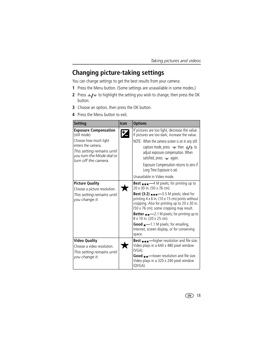 Changing picture-taking settings | Kodak CX7430 User Manual | Page 25 / 66