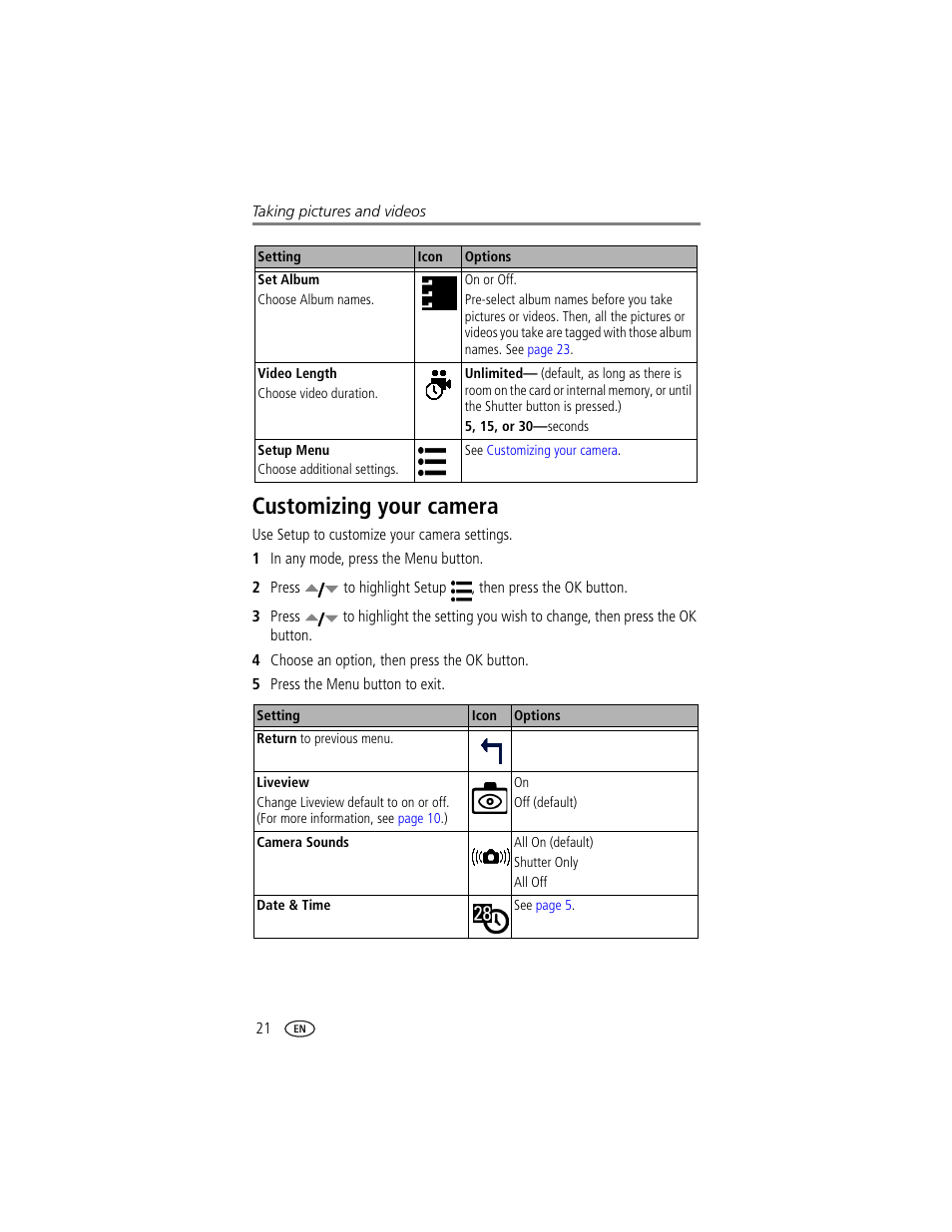 Customizing your camera, Liveview | Kodak CX7430 User Manual | Page 28 / 66