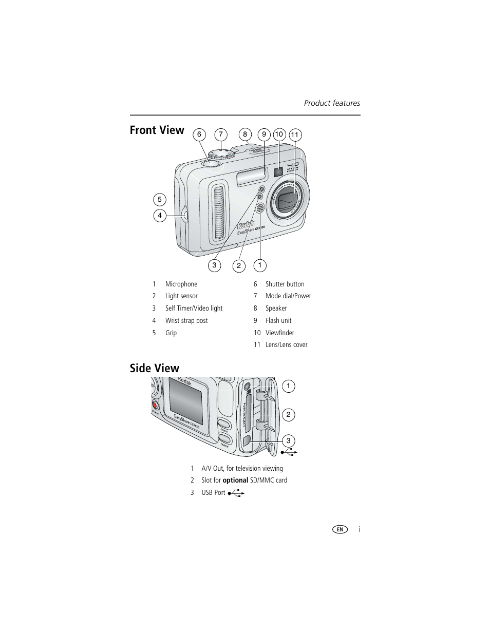 Product features, Front view side view | Kodak CX7430 User Manual | Page 3 / 66