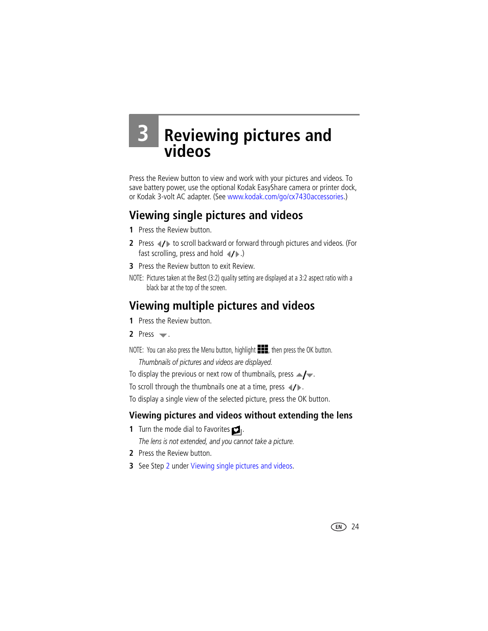 Reviewing pictures and videos, Viewing single pictures and videos, Viewing multiple pictures and videos | 3 reviewing pictures and videos | Kodak CX7430 User Manual | Page 31 / 66