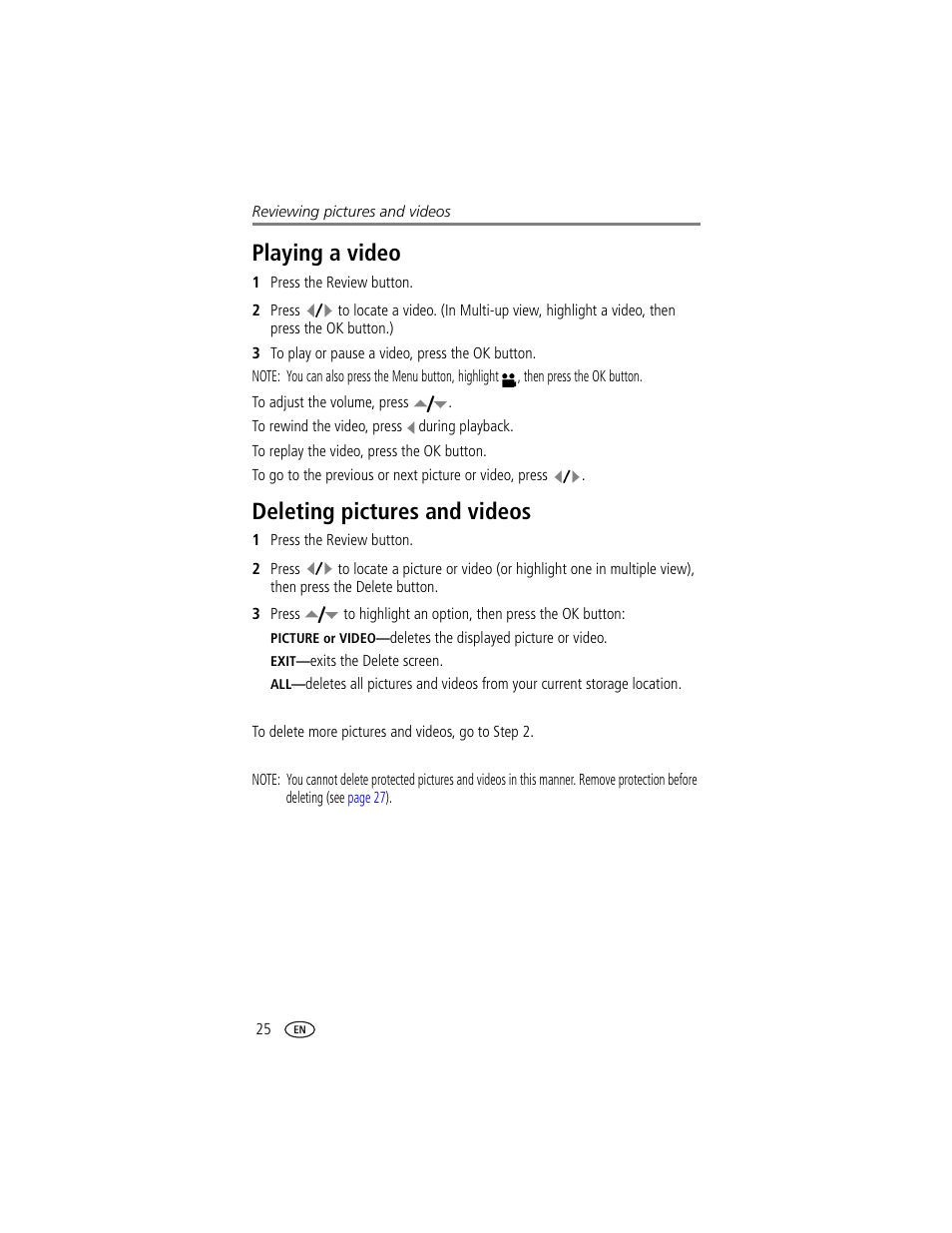 Playing a video, Deleting pictures and videos, Playing a video deleting pictures and videos | Kodak CX7430 User Manual | Page 32 / 66