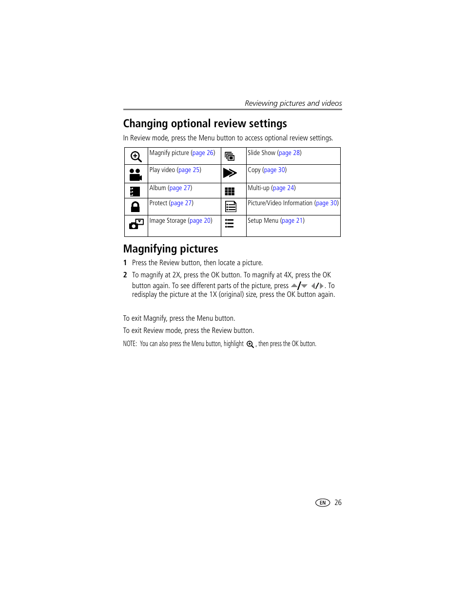 Changing optional review settings, Magnifying pictures | Kodak CX7430 User Manual | Page 33 / 66