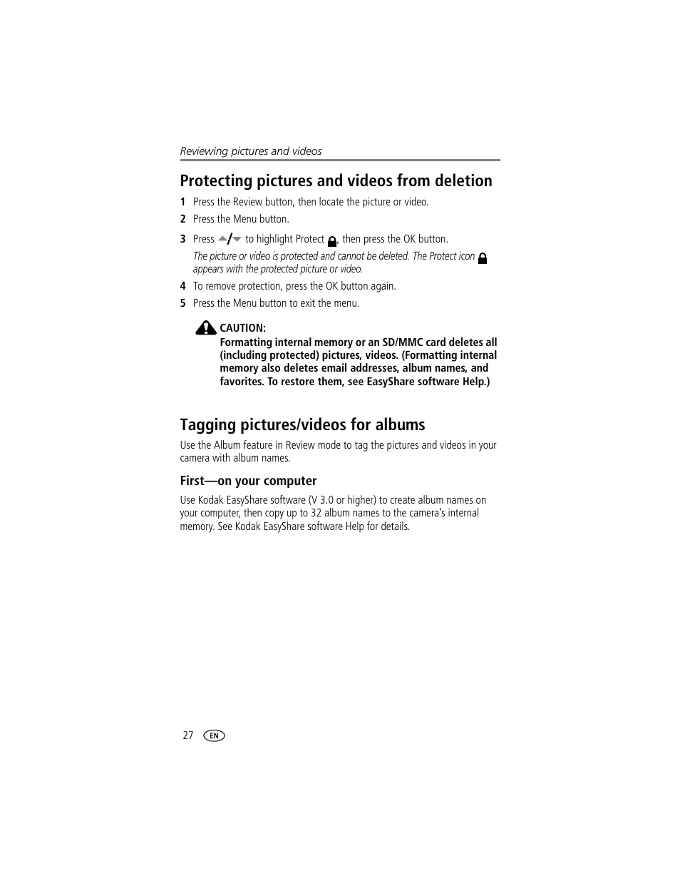Protecting pictures and videos from deletion, Tagging pictures/videos for albums, First-on your computer | Kodak CX7430 User Manual | Page 34 / 66