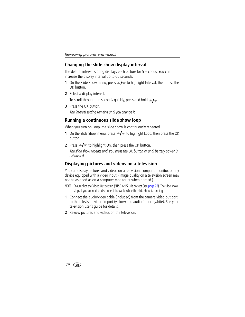 Changing the slide show display interval, Running a continuous slide show loop, Displaying pictures and videos on a television | Kodak CX7430 User Manual | Page 36 / 66