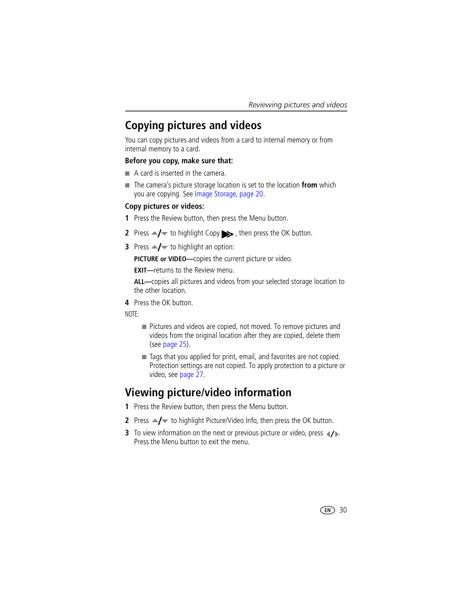 Copying pictures and videos, Viewing picture/video information | Kodak CX7430 User Manual | Page 37 / 66
