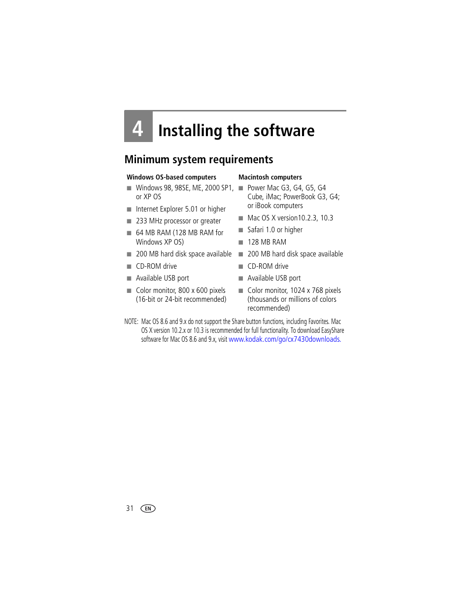 Installing the software, Minimum system requirements, 4 installing the software | Kodak CX7430 User Manual | Page 38 / 66