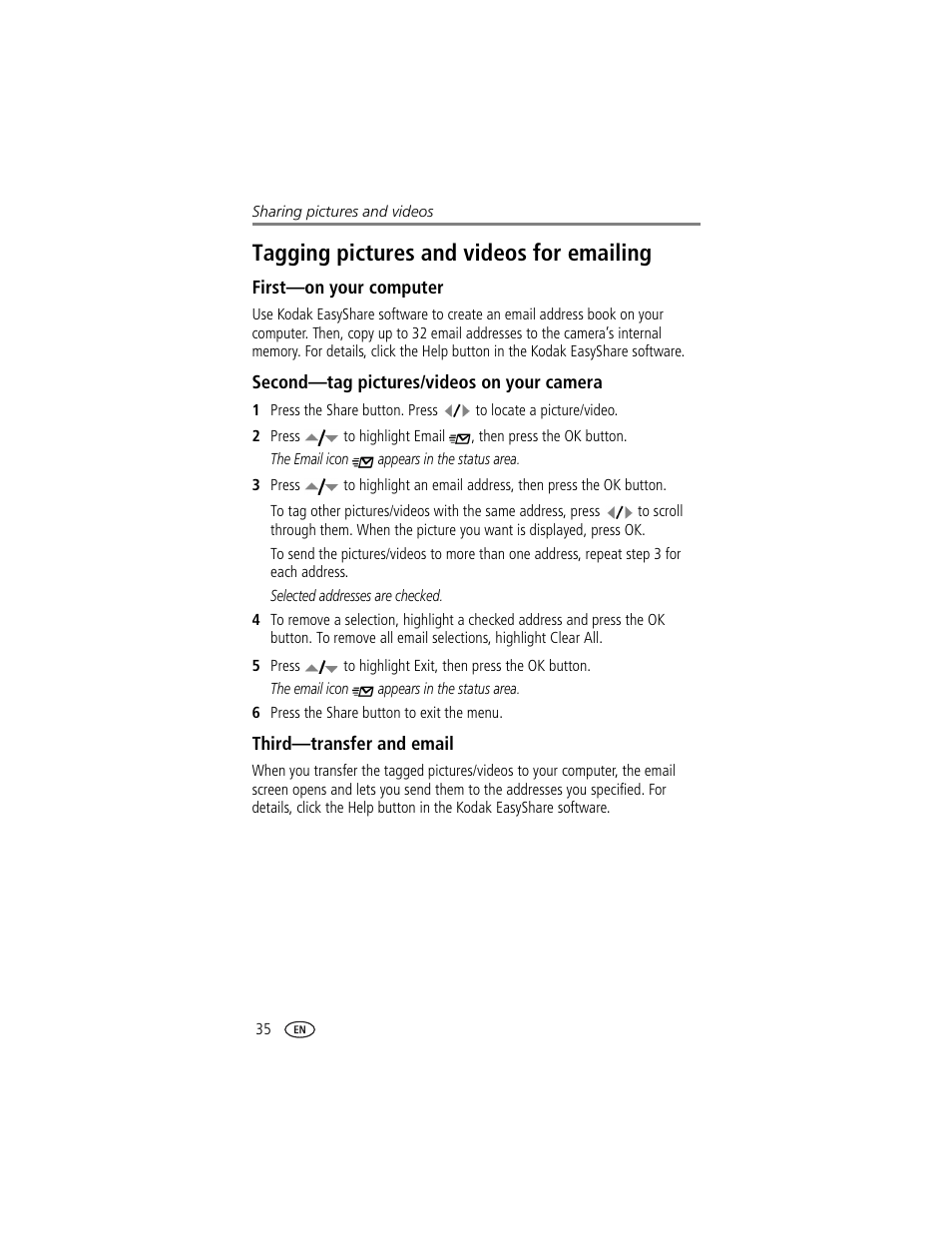 Tagging pictures and videos for emailing, First-on your computer, Second-tag pictures/videos on your camera | Third-transfer and email, Email | Kodak CX7430 User Manual | Page 42 / 66
