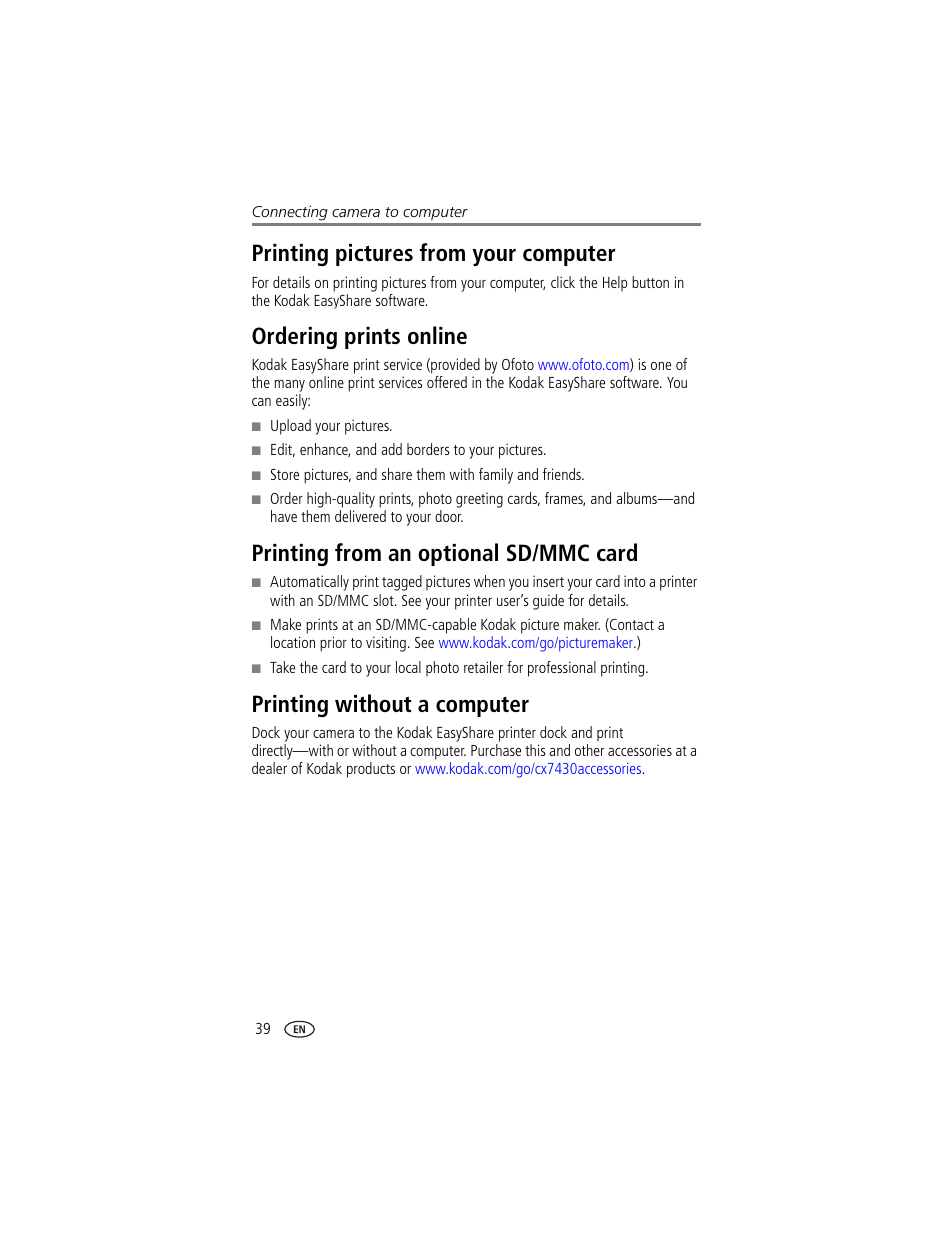 Printing pictures from your computer, Ordering prints online, Printing from an optional sd/mmc card | Printing without a computer | Kodak CX7430 User Manual | Page 46 / 66