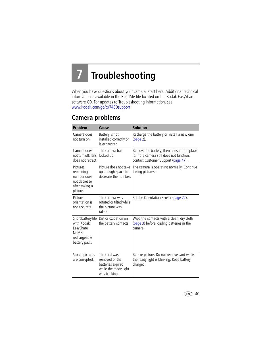 Troubleshooting, Camera problems, 7 troubleshooting | Kodak CX7430 User Manual | Page 47 / 66