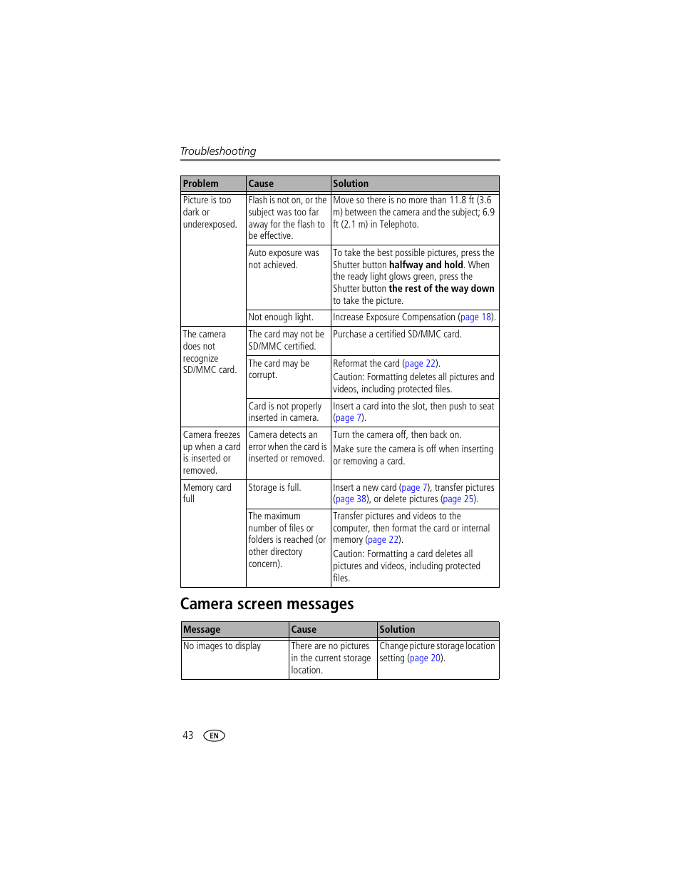 Camera screen messages | Kodak CX7430 User Manual | Page 50 / 66