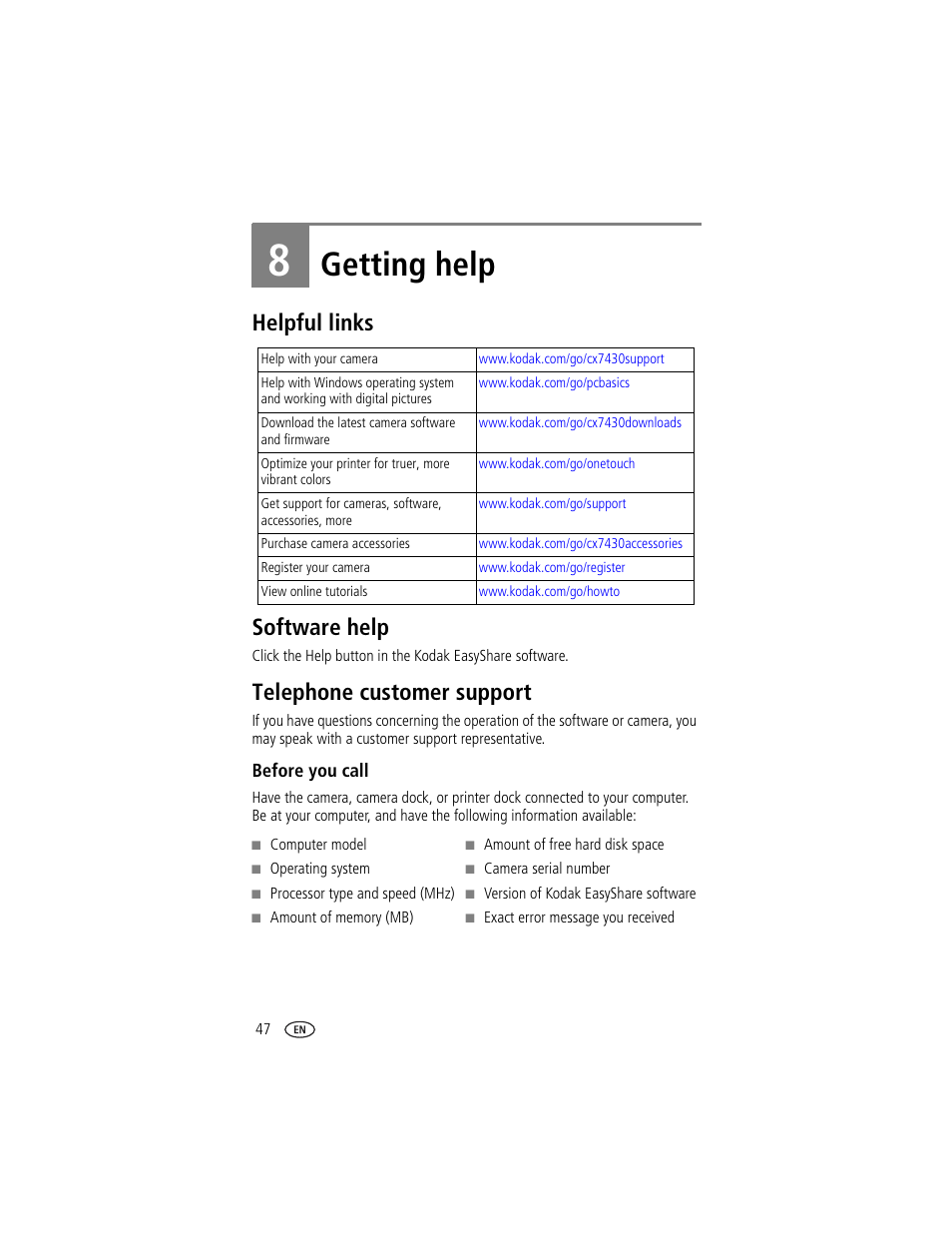 Getting help, Helpful links, Software help | Telephone customer support, Before you call, 8 getting help, Contact customer support, Helpful links software help | Kodak CX7430 User Manual | Page 54 / 66