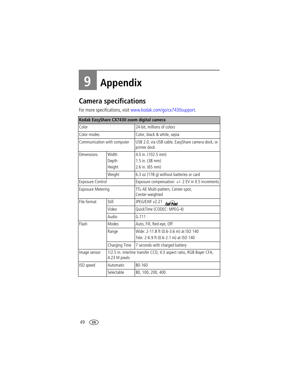 Appendix, Camera specifications, 9 appendix | Kodak CX7430 User Manual | Page 56 / 66